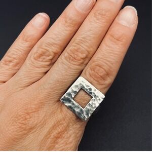 Sterling Silver Hammered Open Square Ring Size 9 Statement Unisex